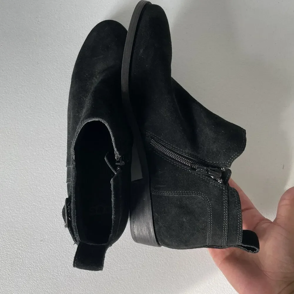UGG Kelsea Ankle Booties Boots Shoes Black Leather Suede Buckle Women's Size 8.5